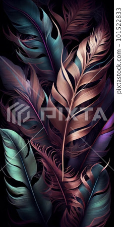 Feathers texture bright vertical abstract background. Creative feather pattern. AI generated artistic vertical template for design. Collage print with decorative feather texture, modern art. 101522833