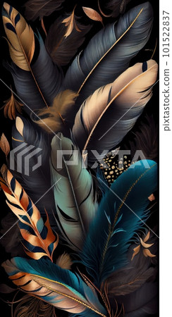 Feathers texture bright vertical abstract background. Creative feather pattern. AI generated artistic vertical template for design. Collage print with decorative feather texture, modern art. Feathers texture bright vertical abstract background. Creative feather pattern. AI generated artistic vertical template for design. Collage print with decorative feather texture, modern art. 101522837