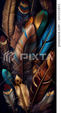 Feathers texture bright vertical abstract background. Creative feather pattern. AI generated artistic vertical template for design. Collage print with decorative feather texture, modern art. Feathers texture bright vertical abstract background. Creative feather pattern. AI generated artistic vertical template for design. Collage print with decorative feather texture, modern art. 101522851