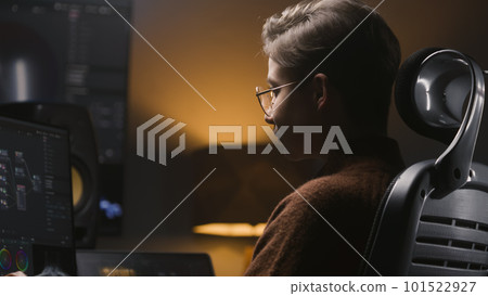 Young woman edits photo or develops design on PC Young woman edits photo or develops design on PC 101522927