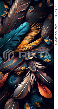 Feathers texture bright vertical abstract background. Creative feather pattern. AI generated artistic vertical template for design. Collage print with decorative feather texture, modern art. 101523153