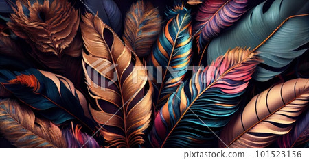 Feathers texture bright horizontal abstract background. Creative feather pattern. AI generated artistic horizontal template for design. Collage print with decorative feather texture, modern art. 101523156