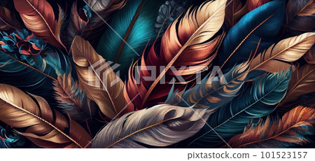 Feathers texture bright horizontal abstract background. Creative feather pattern. AI generated artistic horizontal template for design. Collage print with decorative feather texture, modern art. 101523157