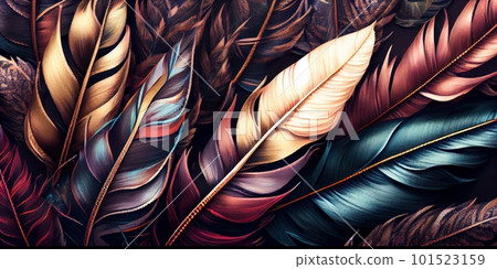 Feathers texture bright horizontal abstract background. Creative feather pattern. AI generated artistic horizontal template for design. Collage print with decorative feather texture, modern art. 101523159