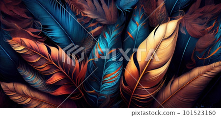 Feathers texture bright horizontal abstract background. Creative feather pattern. AI generated artistic horizontal template for design. Collage print with decorative feather texture, modern art. 101523160