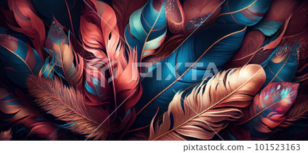 Feathers texture bright horizontal abstract background. Creative feather pattern. AI generated artistic horizontal template for design. Collage print with decorative feather texture, modern art. 101523163