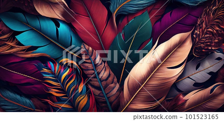 Feathers texture bright horizontal abstract background. Creative feather pattern. AI generated artistic horizontal template for design. Collage print with decorative feather texture, modern art. 101523165