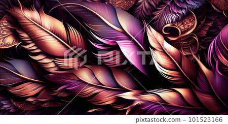 Feathers texture bright horizontal abstract background. Creative feather pattern. AI generated artistic horizontal template for design. Collage print with decorative feather texture, modern art. 101523166