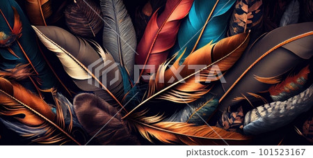 Feathers texture bright horizontal abstract background. Creative feather pattern. AI generated artistic horizontal template for design. Collage print with decorative feather texture, modern art. Feathers texture bright horizontal abstract background. Creative feather pattern. AI generated artistic horizontal template for design. Collage print with decorative feather texture, modern art. 101523167