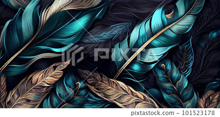 Feathers texture bright horizontal abstract background. Creative feather pattern. AI generated artistic horizontal template for design. Collage print with decorative feather texture, modern art. 101523178