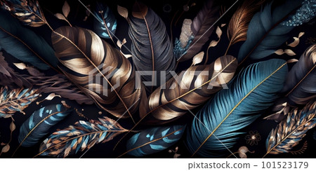 Feathers texture bright horizontal abstract background. Creative feather pattern. AI generated artistic horizontal template for design. Collage print with decorative feather texture, modern art. Feathers texture bright horizontal abstract background. Creative feather pattern. AI generated artistic horizontal template for design. Collage print with decorative feather texture, modern art. 101523179