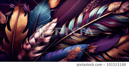 Feathers texture bright horizontal abstract background. Creative feather pattern. AI generated artistic horizontal template for design. Collage print with decorative feather texture, modern art. 101523180
