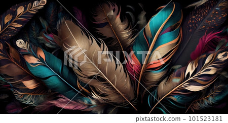 Feathers texture bright horizontal abstract background. Creative feather pattern. AI generated artistic horizontal template for design. Collage print with decorative feather texture, modern art. 101523181