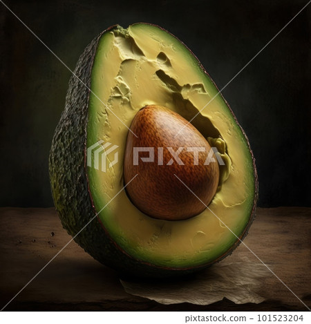 Illustration of green avocado isolated on neutral background. Vegan and vegetarian organic food. AI generated half of healthy fruit with seed illustration. 101523204