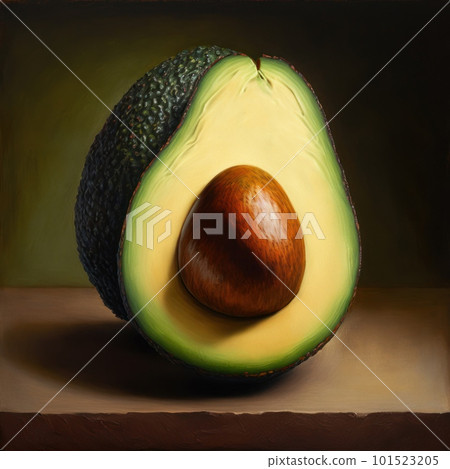 Illustration of green avocado isolated on neutral background. Vegan and vegetarian organic food. AI generated half of healthy fruit with seed illustration. 101523205