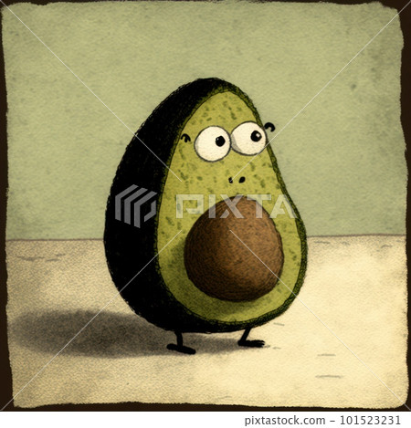 Illustration of green avocado character isolated on neutral background. Vegan and vegetarian organic food. AI generated half of healthy fruit with seed cartoon drawing illustration. 101523231