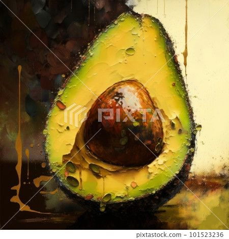 Illustration of green avocado oil painting isolated on neutral background. Vegan and vegetarian organic food. AI generated half of healthy fruit with seed illustration. 101523236