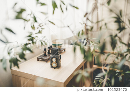 Retro camera accessories placed on the windowsill 101523470