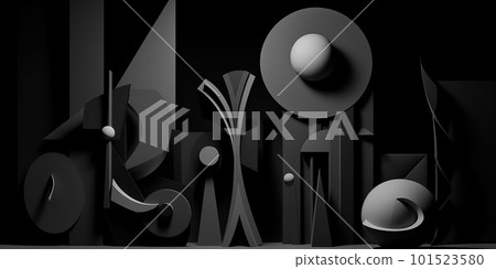 Abstract horizontal composition with black 3d objects on black background. Contemporary print with creative artistic 3d pattern, modern art, trendy wallpaper. Ai generated template for design Abstract horizontal composition with black 3d objects on black background. Contemporary print with creative artistic 3d pattern, modern art, trendy wallpaper. Ai generated template for design 101523580