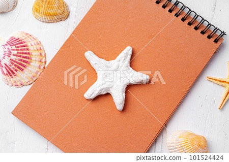 Brown open notepad surrounded by sea shells on white wooden table closeup 101524424