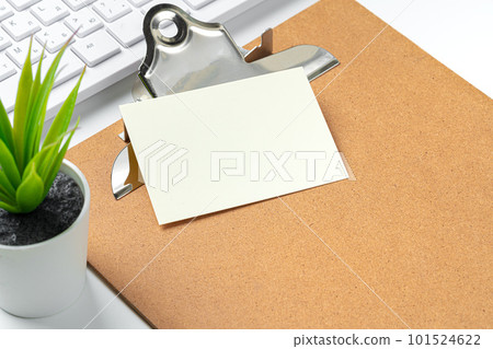 Blank business cards with supplies and keyboard on office table. Blank business cards with supplies and keyboard on office table. 101524622