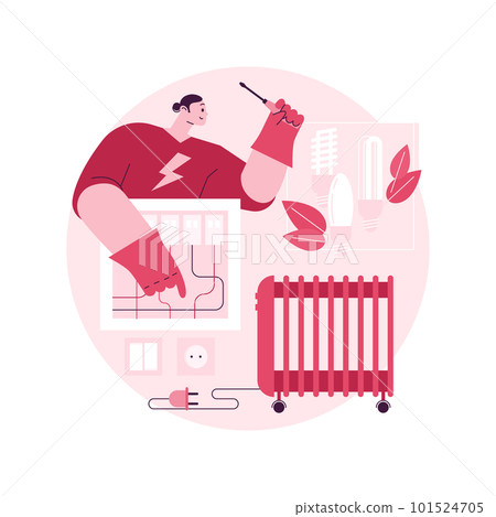 Electrician services abstract concept vector illustration. Energy-efficient lighting, electrical system maintenance and inspection, home automation, electric heater repair abstract metaphor. 101524705