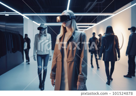 People in VR headset walk in store, woman customer using virtual reality, generative AI. 101524878