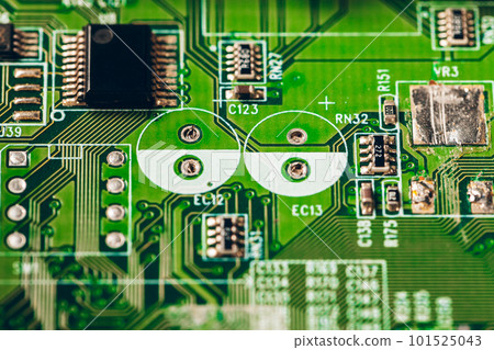 Green circuit board of a computer close up Green circuit board of a computer close up 101525043