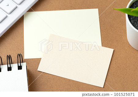 Blank business cards with supplies and keyboard on office table. Blank business cards with supplies and keyboard on office table. 101525071