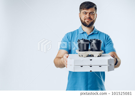 Food delivery courier with order on grey background Food delivery courier with order on grey background 101525081