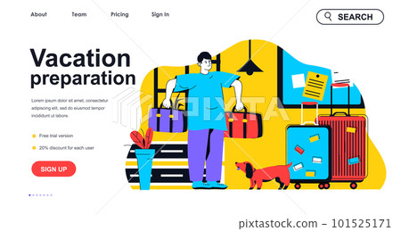 Vacation preparation concept for landing page template. Man packing clothes in bags for going on trip. Travel and tourism people scene. Vector illustration with flat character design for web banner 101525171