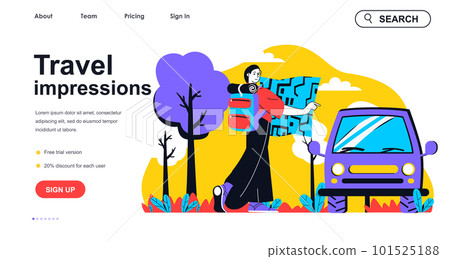 Travel impressions concept for landing page template. Woman with backpack and map goes on trip by car. Vacation and tourism people scene. Vector illustration with flat character design for web banner Travel impressions concept for landing page template. Woman with backpack and map goes on trip by car. Vacation and tourism people scene. Vector illustration with flat character design for web banner 101525188