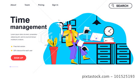 Time management concept for landing page template. Employee hurries to finish documents work on time. Office working process people scene. Vector illustration with flat character design for web banner 101525193