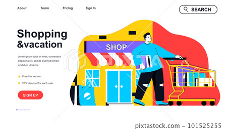 Shopping and vacation concept for landing page template. Man shopping in store on travel and walking with purchase cart, people scene. Vector illustration with flat character design for web banner 101525255