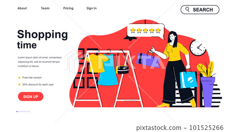 Shopping time concept for landing page template. Woman buys new clothes in boutique. Buyer makes bargain purchases in store people scene. Vector illustration with flat character design for web banner 101525266