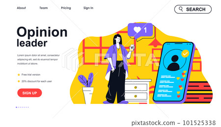 Opinion leader concept for landing page template. Woman blogger makes live stream to followers using mobile app. Blogging people scene. Vector illustration with flat character design for web banner 101525338