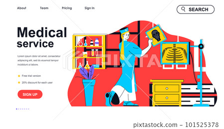 Medical service concept for landing page template. Doctor exams at x-ray picture, diagnoses and treats. Hospital clinic people scene. Vector illustration with flat character design for web banner Medical service concept for landing page template. Doctor exams at x-ray picture, diagnoses and treats. Hospital clinic people scene. Vector illustration with flat character design for web banner 101525378
