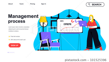 Management process concept for landing page template. Woman manager works with presentation on laptop. Office workflow people scene. Vector illustration with flat character design for web banner Management process concept for landing page template. Woman manager works with presentation on laptop. Office workflow people scene. Vector illustration with flat character design for web banner 101525396