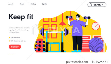 Keep fit concept for landing page template. Man exercising with dumbbells, doing workouts in gym. Healthy sportive lifestyle people scene. Vector illustration with flat character design for web banner 101525442
