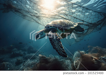 A sea turtle swims near the surface, surrounded by foam and waves. The image is a call to action for preserving the natural world and protecting endangered species. AI Generative. 101525480