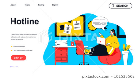 Hotline concept for landing page template. Woman operator consults, answers calls and messages. Customer support center people scene. Vector illustration with flat character design for web banner 101525502