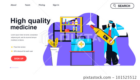 High quality medicine concept for landing page template. Doctor measures temperature and provides first aid. Medical service people scene. Vector illustration with flat character design for web banner 101525512