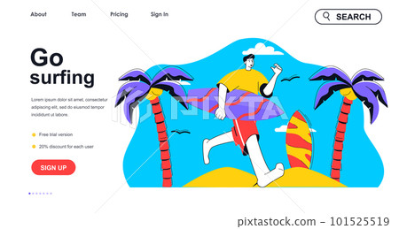 Go surfing concept for landing page template. Man with surfboard running into ocean. Active water sports, extreme hobby people scene. Vector illustration with flat character design for web banner 101525519