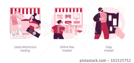 Second hand trade abstract concept vector illustration set. Used electronics trading, online flea market, gray market, digital auction, internet shop, illegal sales, ecommerce abstract metaphor. 101525752