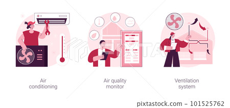 Smart home components abstract concept vector illustration set. Air conditioning, air quality monitor, ventilation system, airing and cooling system, energy saving solution abstract metaphor. 101525762