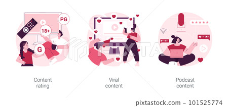 Media and tv content abstract concept vector illustration set. Content rating, viral content, podcast creation, games and apps, video production, engaging marketing, entertainment abstract metaphor. Media and tv content abstract concept vector illustration set. Content rating, viral content, podcast creation, games and apps, video production, engaging marketing, entertainment abstract metaphor. 101525774