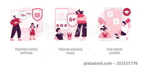 Media content limitation technology abstract concept vector illustration set. Parental control software, parental advisory music, kids digital content, warning label, access abstract metaphor. 101525776