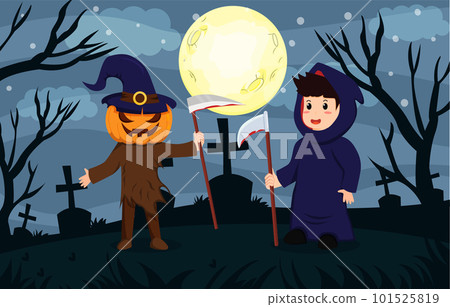 Happy Halloween background design vector with kids in pumpkin and devil Halloween costumes. 101525819