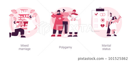 Legal status abstract concept vector illustration set. Mixed marriage, polygamy, marital status, multiracial family, persons relationship, different races and religions, wedding abstract metaphor. Legal status abstract concept vector illustration set. Mixed marriage, polygamy, marital status, multiracial family, persons relationship, different races and religions, wedding abstract metaphor. 101525862