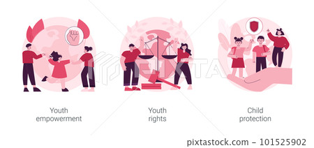 Young people rights protection abstract concept vector illustration set. Youth rights and empowerment, child protection, take action, improve life quality, involvement, voting age abstract metaphor. Young people rights protection abstract concept vector illustration set. Youth rights and empowerment, child protection, take action, improve life quality, involvement, voting age abstract metaphor. 101525902